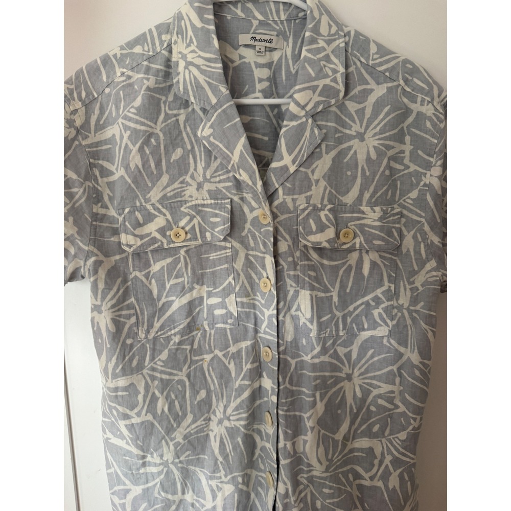 Madewell Womens‎ Small Blue White Abstract Floral Linen Cotton Camp Shirt Top